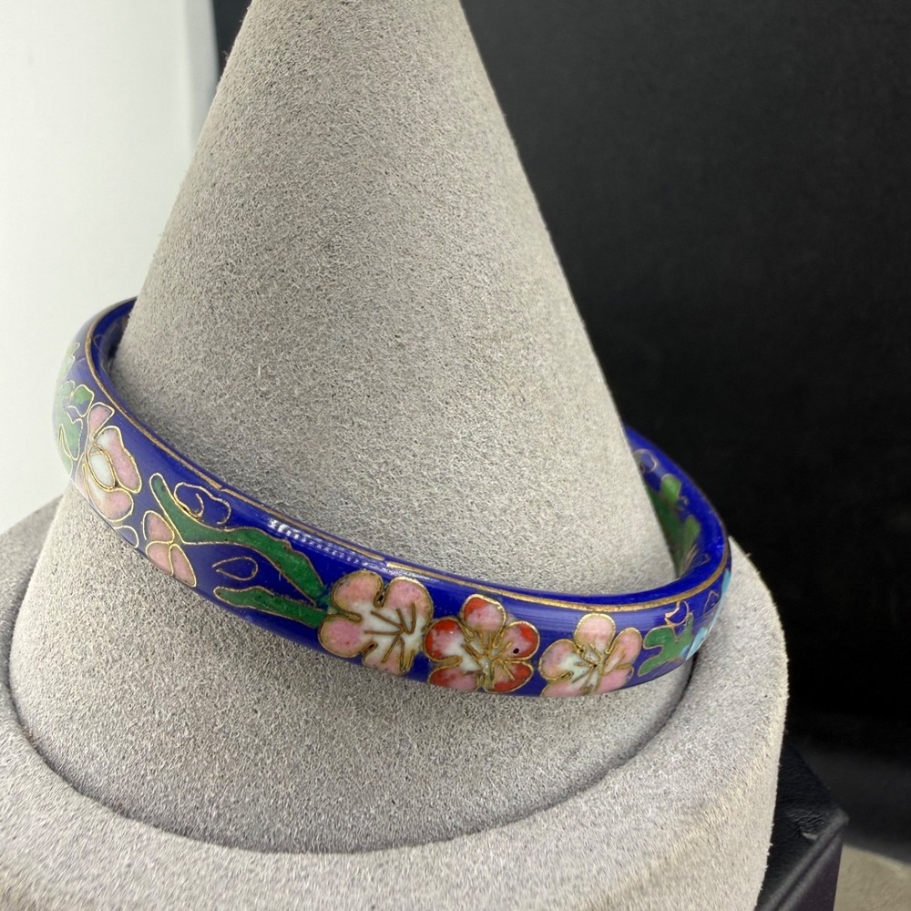 Vintage Estate Cloisonne Bangle Bracelet Blue Floral Silver Tone 8.5"